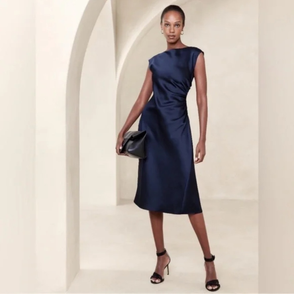 Banana Republic Shirred-Side Navy Satin Midi Dress